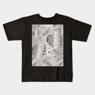 Silver Metallic Tropical Leaves Kids T-Shirt